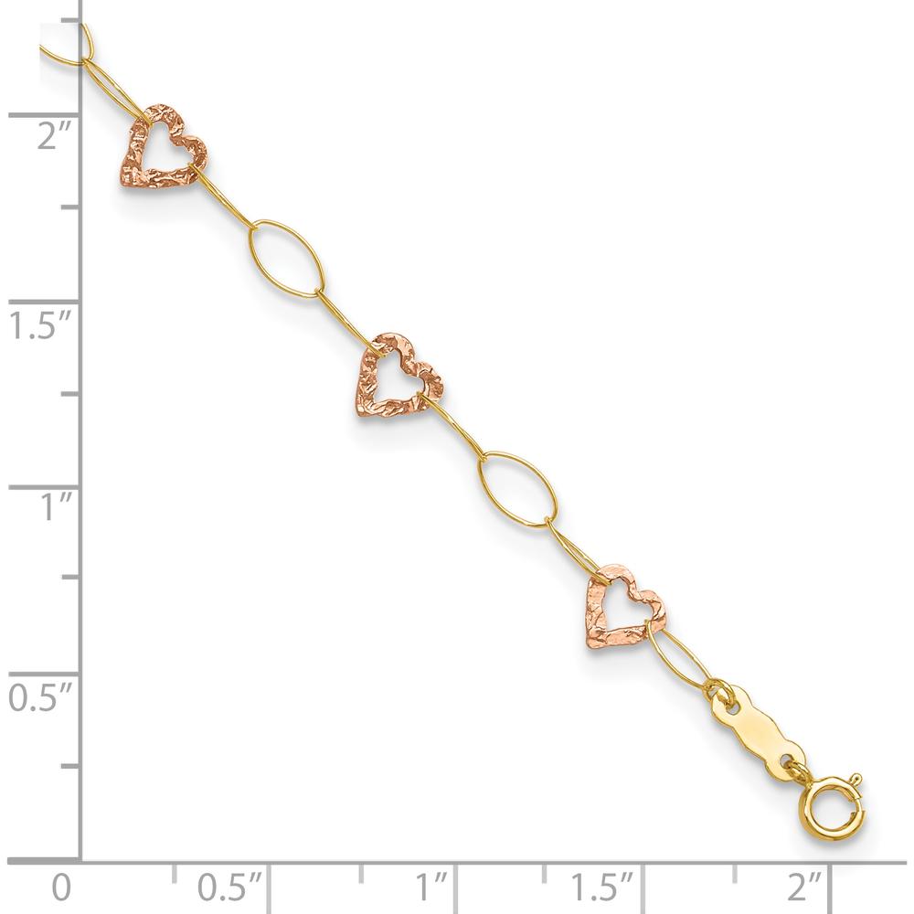 14K Two-Tone Gold Hammered Open Hearts & Oval Link Anklet - Adjustable 9" + 1" Extender