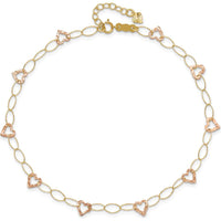 14K Two-Tone Gold Hammered Open Hearts & Oval Link Anklet - Adjustable 9" + 1" Extender