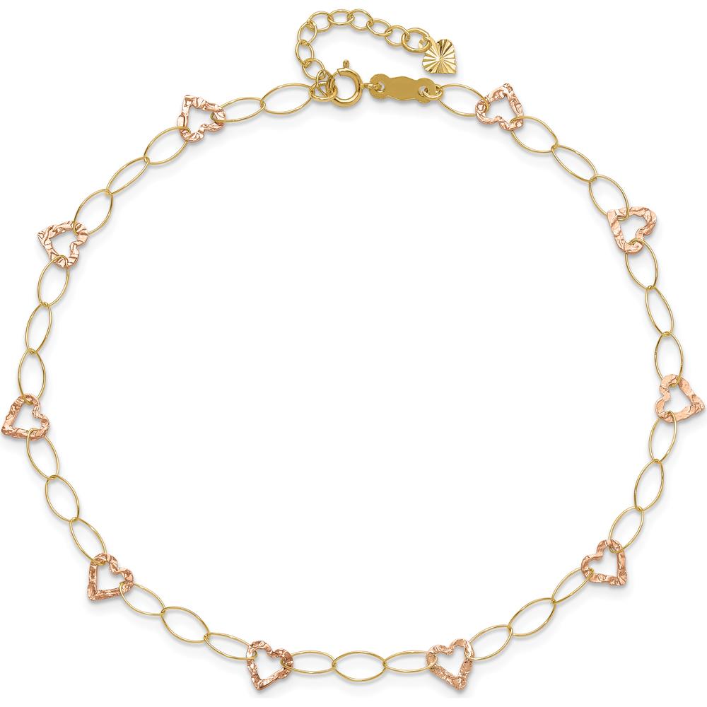 14K Two-Tone Gold Hammered Open Hearts & Oval Link Anklet - Adjustable 9" + 1" Extender