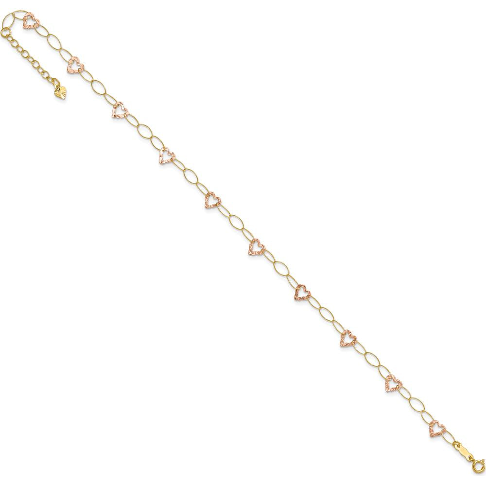 14K Two-Tone Gold Hammered Open Hearts & Oval Link Anklet - Adjustable 9" + 1" Extender