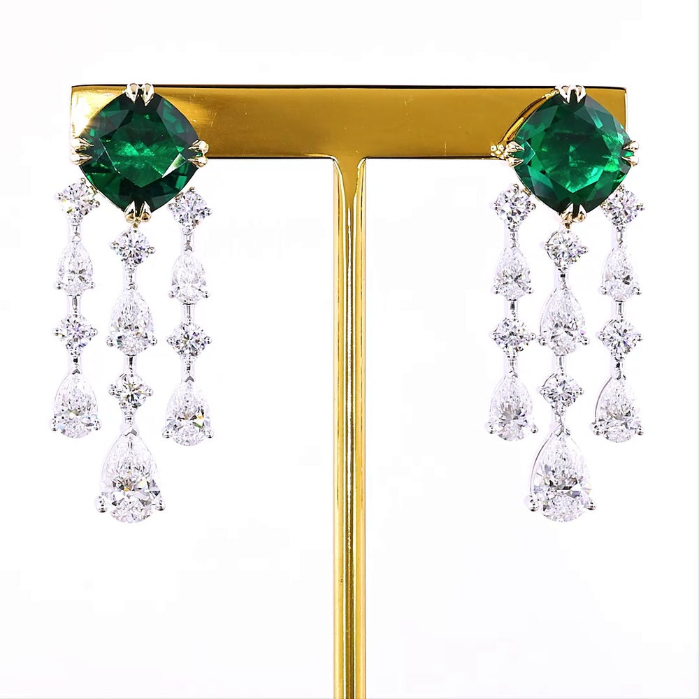 14K Two Tone Gold Hanging Chandelier Earrings with 5.68 Carats Square Cushion Cut Lab-Grown Emeralds and 1.20 Carats Mixed Shape Diamond Accents - 11.10 Carats Total Gem Weight - Covaloro Fine Jewelry