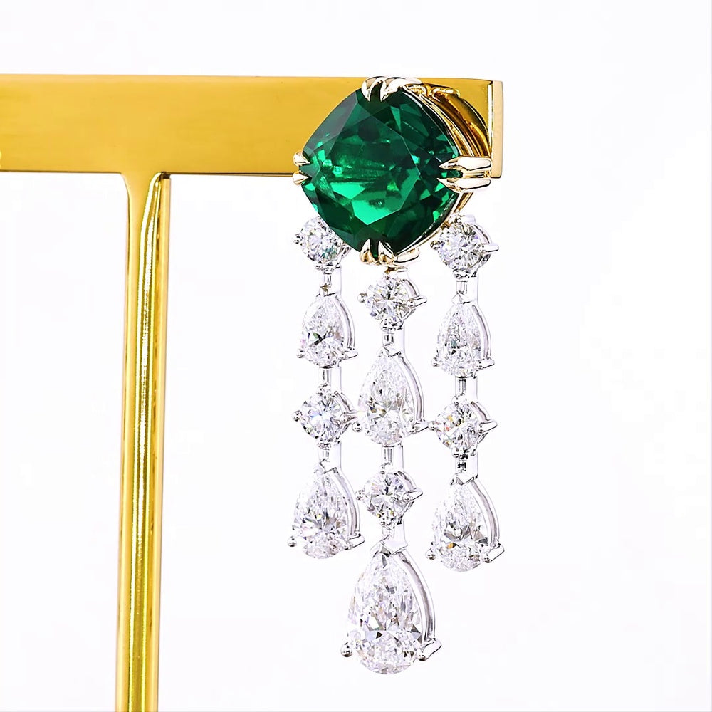 14K Two Tone Gold Hanging Chandelier Earrings with 5.68 Carats Square Cushion Cut Lab-Grown Emeralds and 1.20 Carats Mixed Shape Diamond Accents - 11.10 Carats Total Gem Weight - Covaloro Fine Jewelry