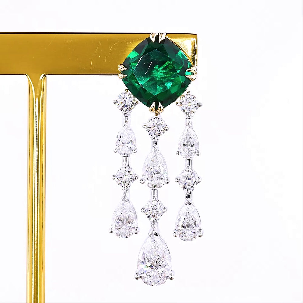 14K Two Tone Gold Hanging Chandelier Earrings with 5.68 Carats Square Cushion Cut Lab-Grown Emeralds and 1.20 Carats Mixed Shape Diamond Accents - 11.10 Carats Total Gem Weight - Covaloro Fine Jewelry