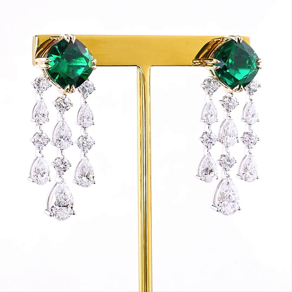 14K Two Tone Gold Hanging Chandelier Earrings with 5.68 Carats Square Cushion Cut Lab-Grown Emeralds and 1.20 Carats Mixed Shape Diamond Accents - 11.10 Carats Total Gem Weight - Covaloro Fine Jewelry