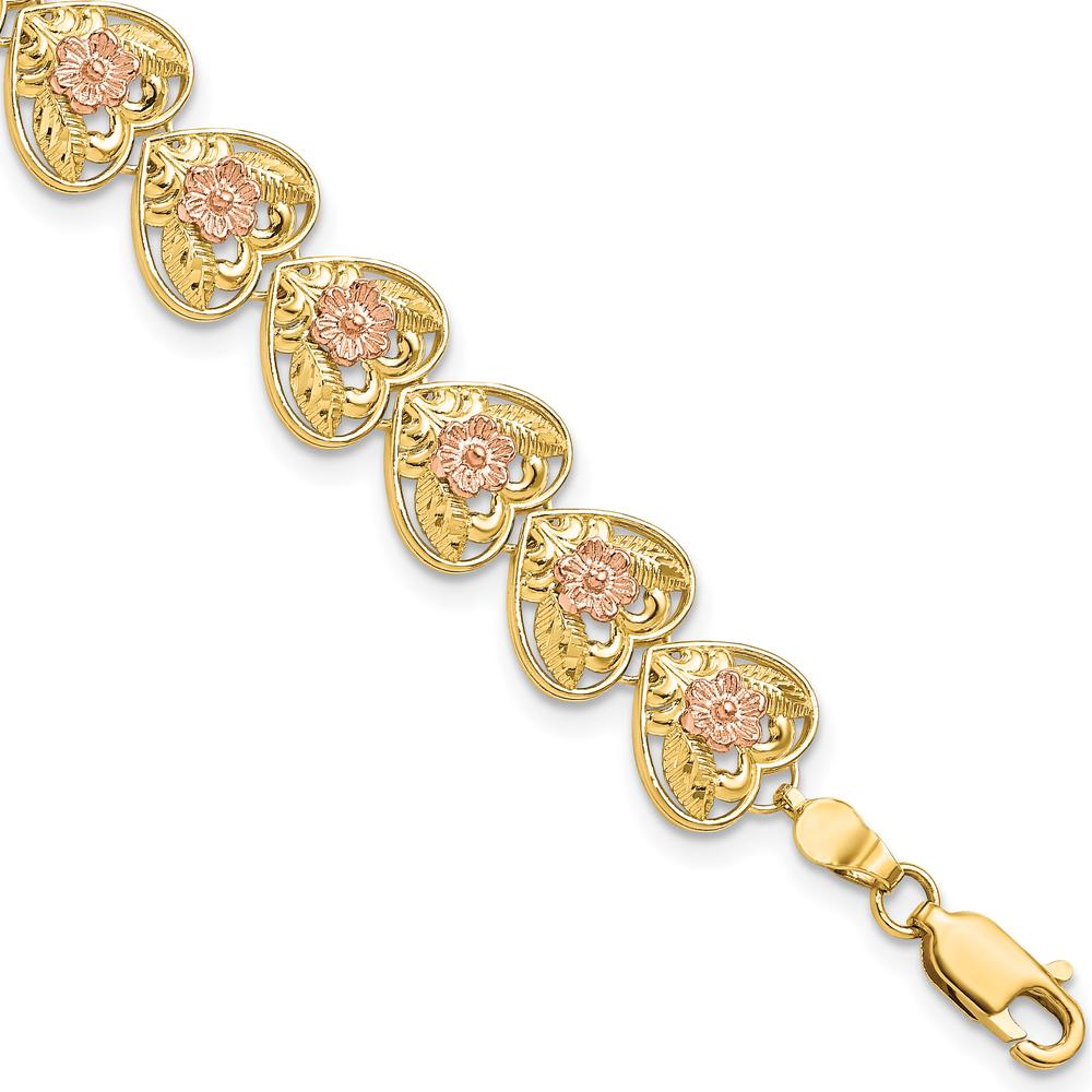 14K Two-Tone Gold Heart Charm Bracelet with Floral Stations - 7.25" Length by Oro Pregiato