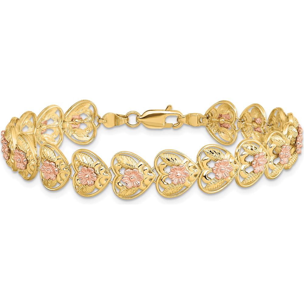14K Two-Tone Gold Heart Charm Bracelet with Floral Stations - 7.25" Length by Oro Pregiato