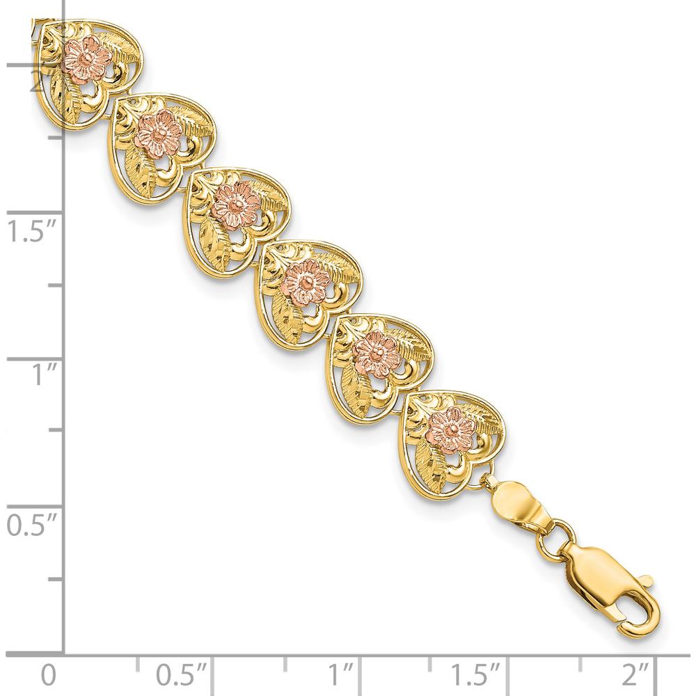 14K Two-Tone Gold Heart Charm Bracelet with Floral Stations - 7.25" Length by Oro Pregiato
