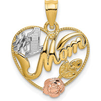 14K Two-Tone Gold Heart Charm with Rose Gold Flower and #1 MOM Engraving by Oro Pregiato