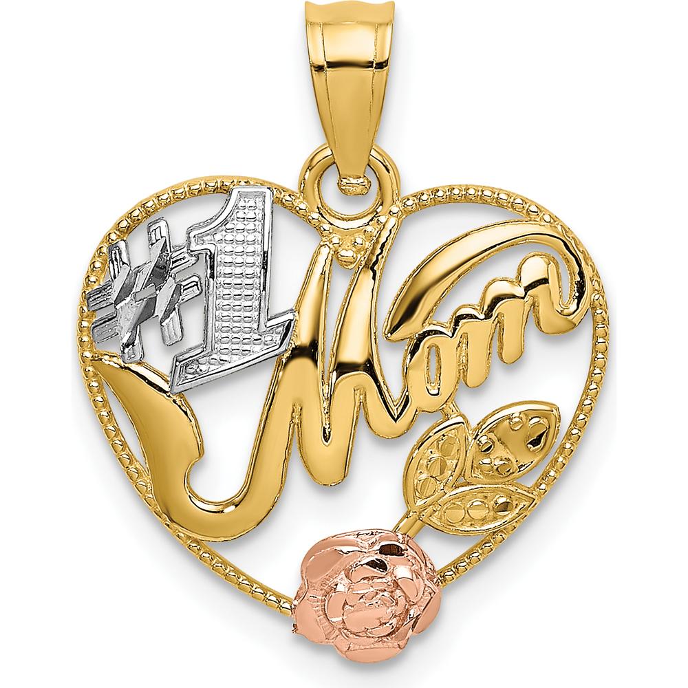 14K Two-Tone Gold Heart Charm with Rose Gold Flower and #1 MOM Engraving by Oro Pregiato