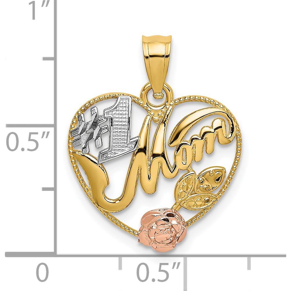 14K Two-Tone Gold Heart Charm with Rose Gold Flower and #1 MOM Engraving by Oro Pregiato