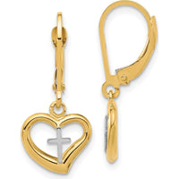 14K Two-Tone Gold Heart Cross Leverback Dangle Earrings by 0