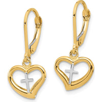 14K Two-Tone Gold Heart Cross Leverback Dangle Earrings by 0