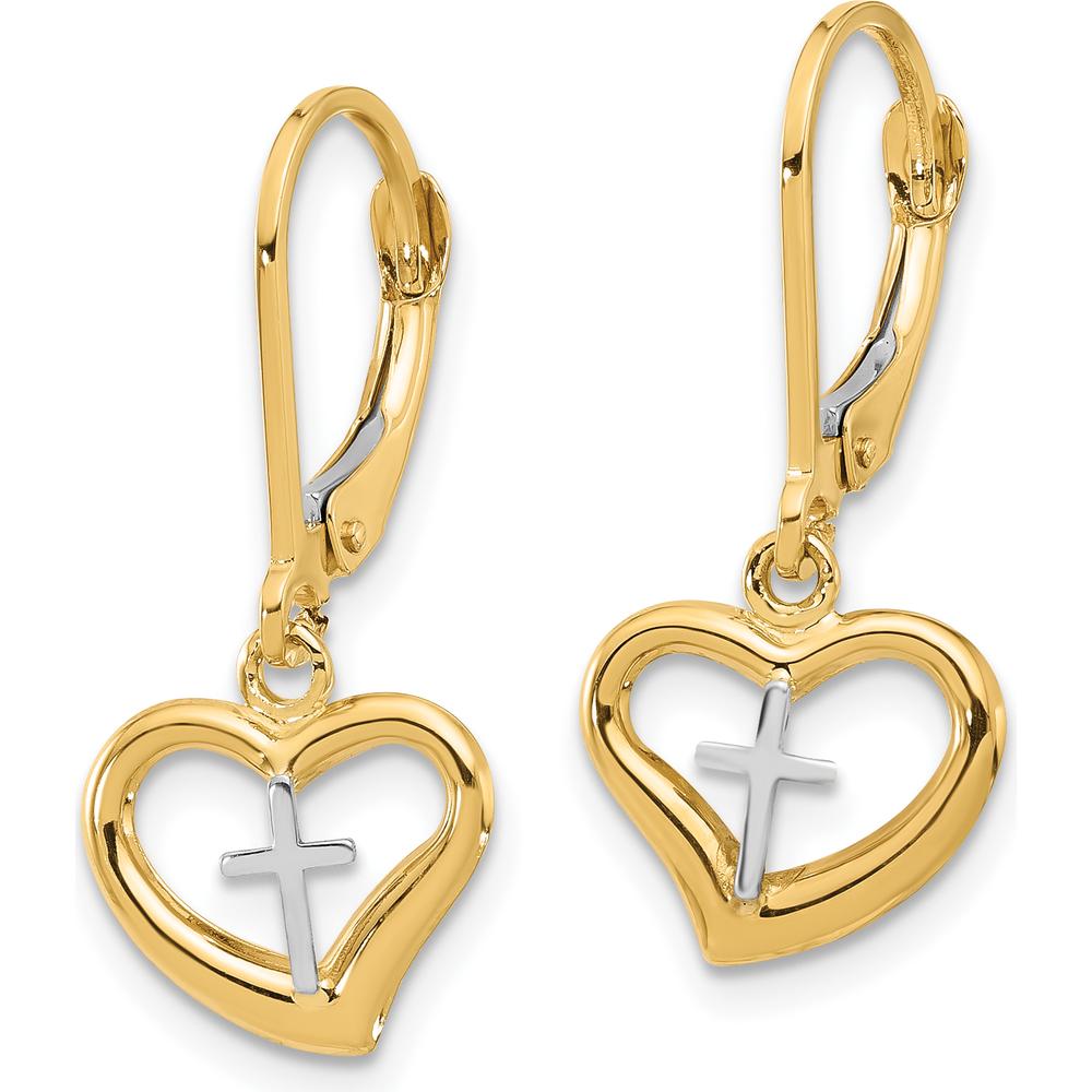 14K Two-Tone Gold Heart Cross Leverback Dangle Earrings by 0