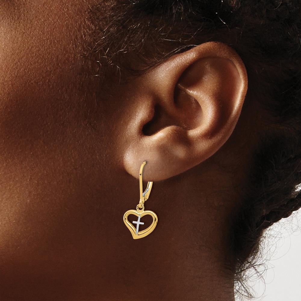 14K Two-Tone Gold Heart Cross Leverback Dangle Earrings by 0
