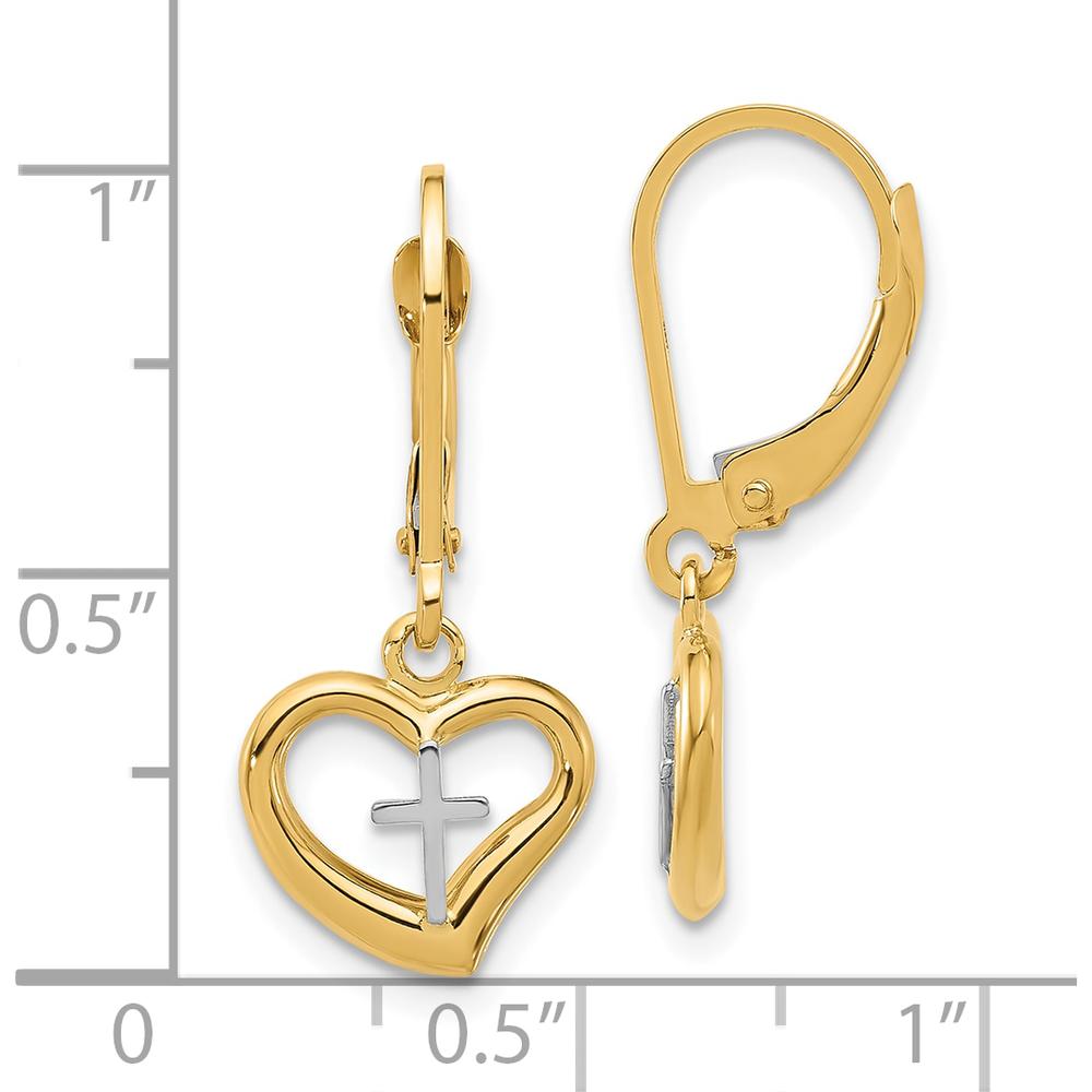 14K Two-Tone Gold Heart Cross Leverback Dangle Earrings by 0