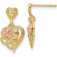 14K Two-Tone Gold Heart Dangle Earrings with Flower Motif - Polished Finish by 0