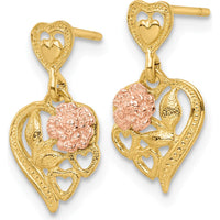 14K Two-Tone Gold Heart Dangle Earrings with Flower Motif - Polished Finish by 0