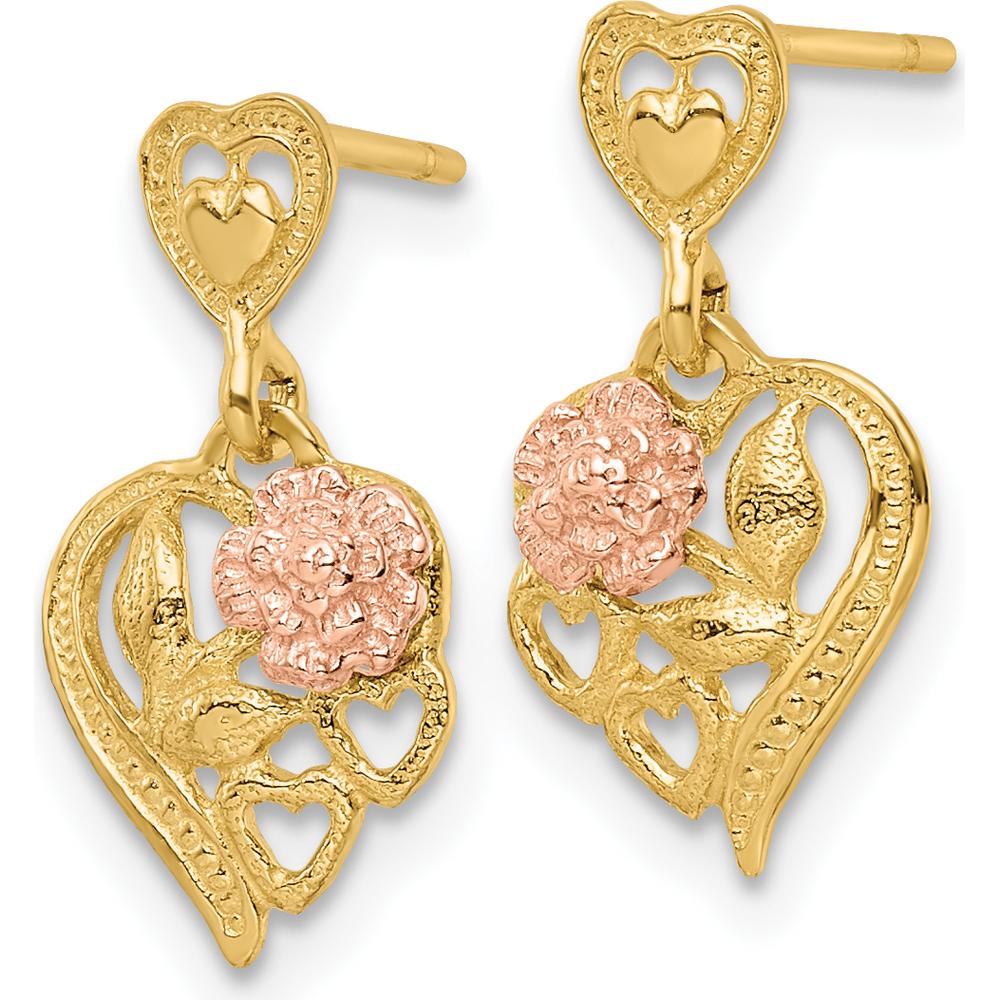 14K Two-Tone Gold Heart Dangle Earrings with Flower Motif - Polished Finish by 0