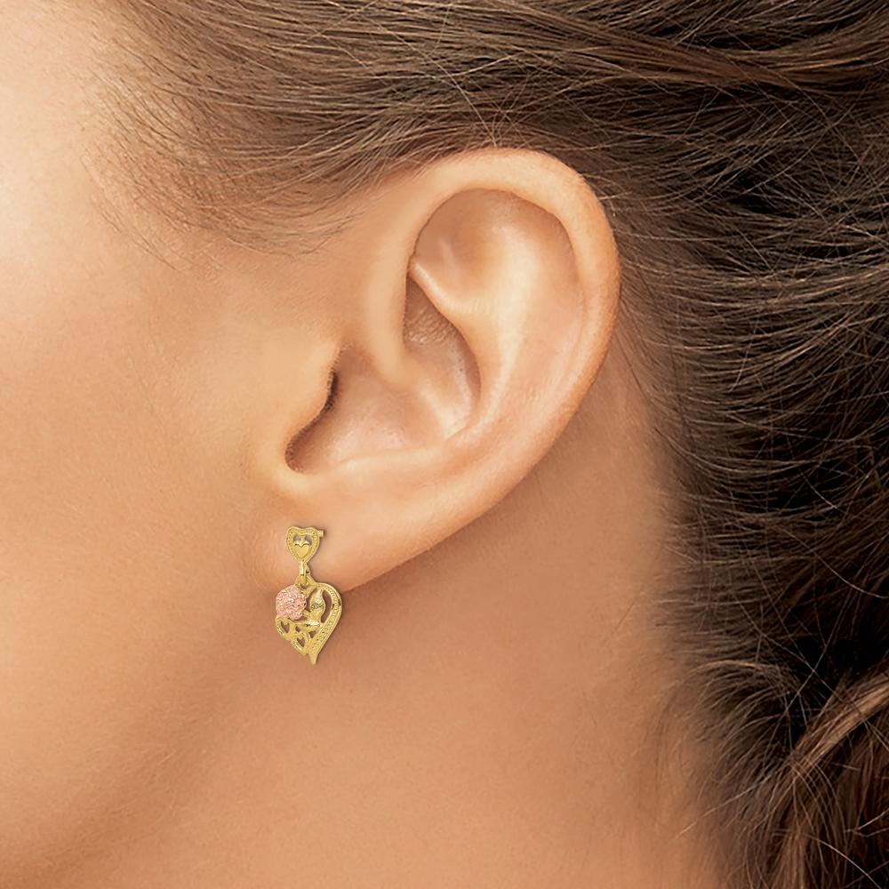 14K Two-Tone Gold Heart Dangle Earrings with Flower Motif - Polished Finish by 0
