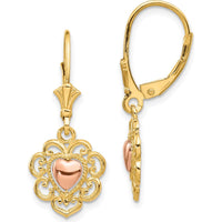 14K Two-Tone Gold Heart Drop Earrings with Lace Trim Design - Polished Finish by Oro Pregiato