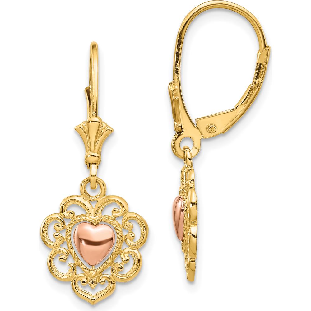 14K Two-Tone Gold Heart Drop Earrings with Lace Trim Design - Polished Finish by Oro Pregiato