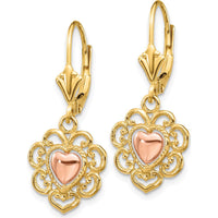14K Two-Tone Gold Heart Drop Earrings with Lace Trim Design - Polished Finish by Oro Pregiato