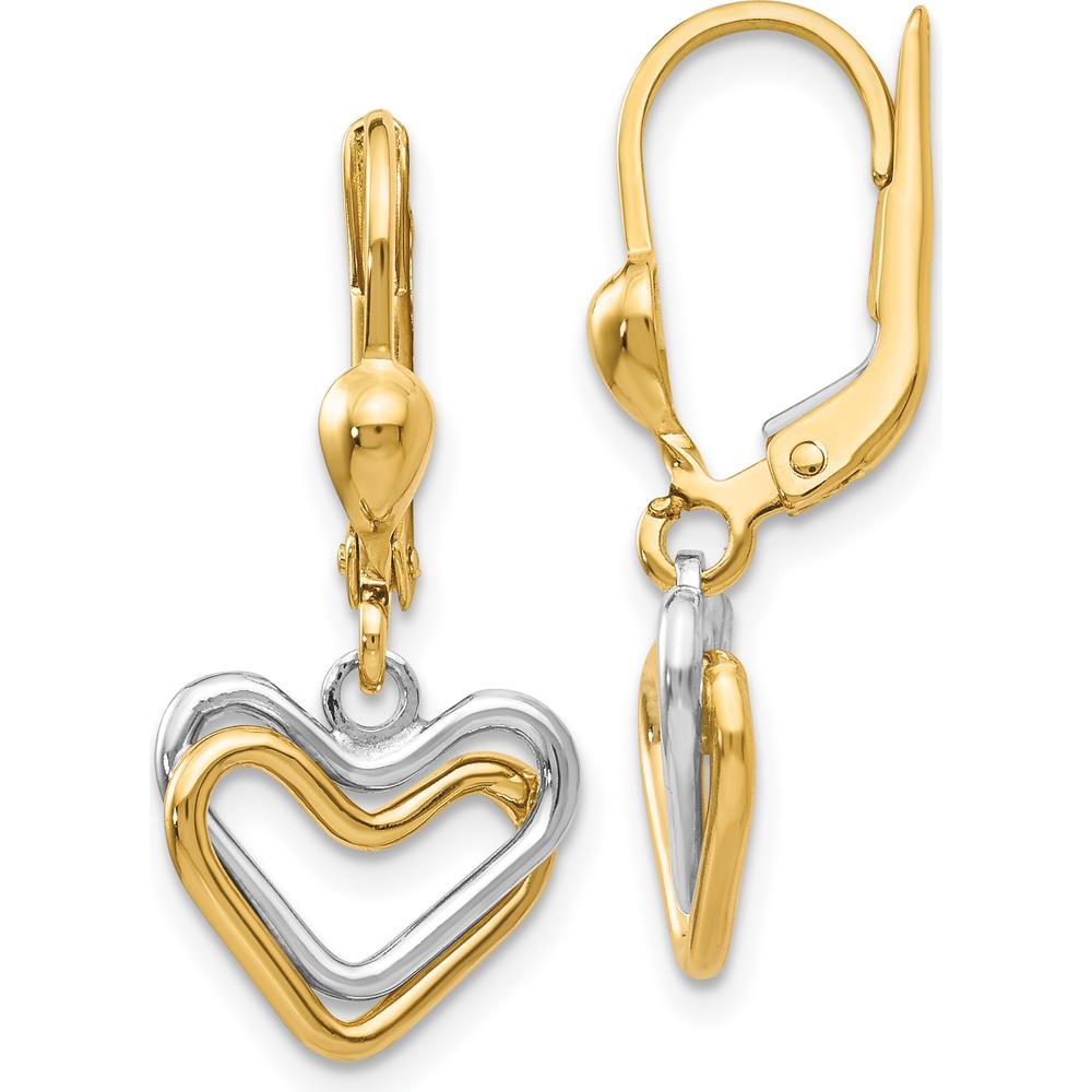 14K Two-Tone Gold Heart Drop Earrings with Polished Finish by Oro Pregiato