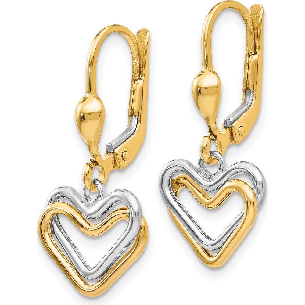 14K Two-Tone Gold Heart Drop Earrings with Polished Finish by Oro Pregiato