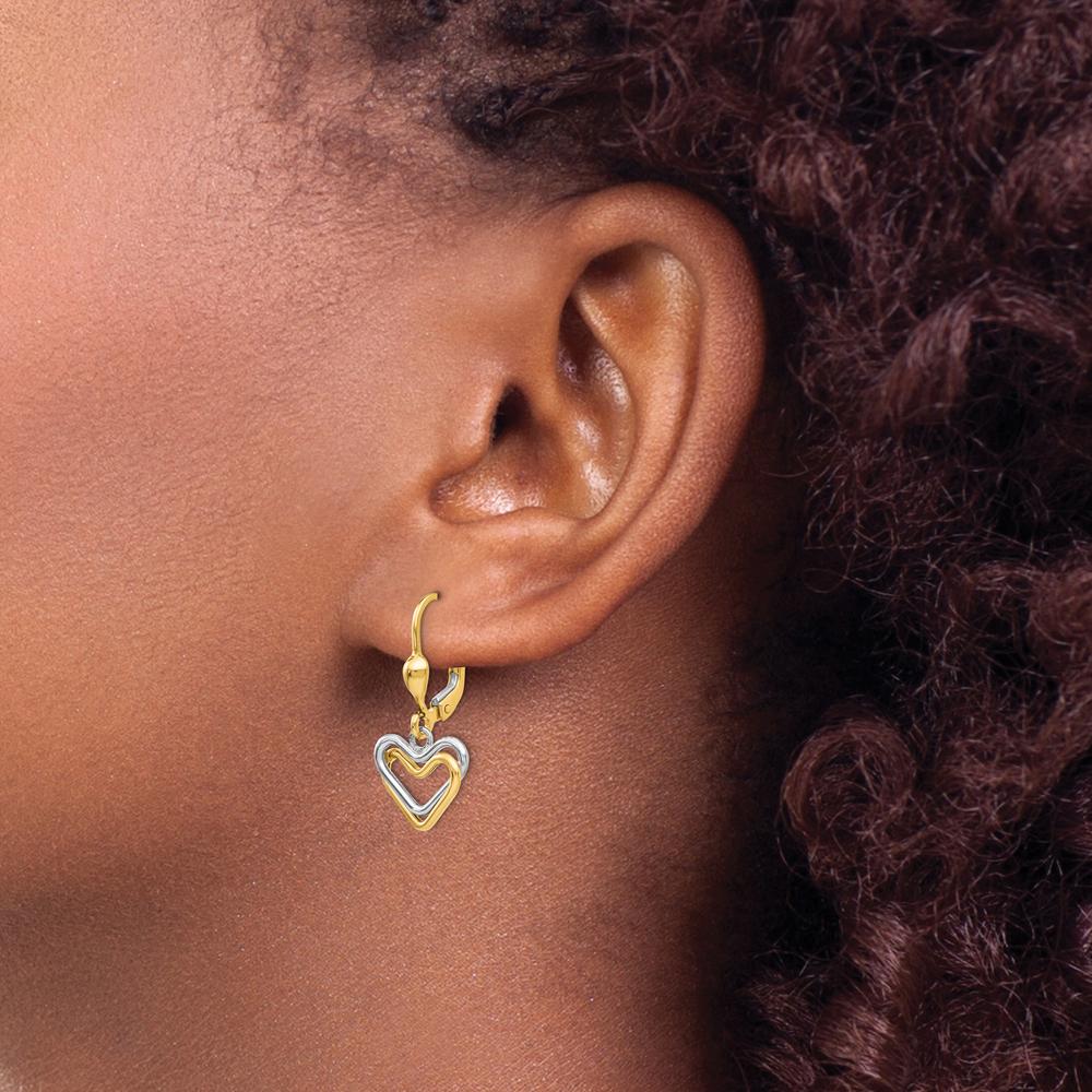 14K Two-Tone Gold Heart Drop Earrings with Polished Finish by Oro Pregiato