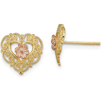 14K Two-Tone Gold Heart Earrings with Lace Trim and Flower Center - Polished Finish by 0