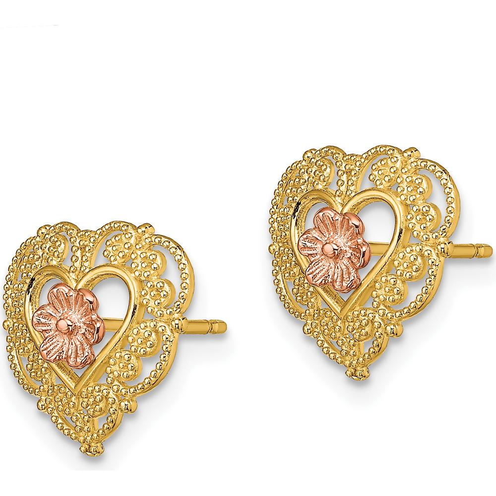 14K Two-Tone Gold Heart Earrings with Lace Trim and Flower Center - Polished Finish by 0