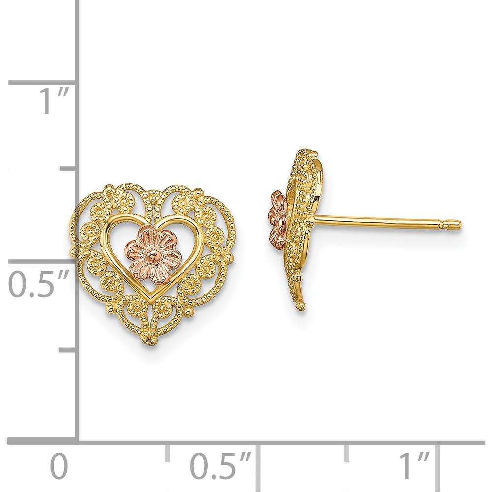 14K Two-Tone Gold Heart Earrings with Lace Trim and Flower Center - Polished Finish by 0