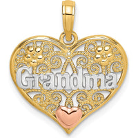 14K Two-Tone Gold Heart Filigree Pendant with White Rhodium "Grandma" Engraving by Oro Pregiato