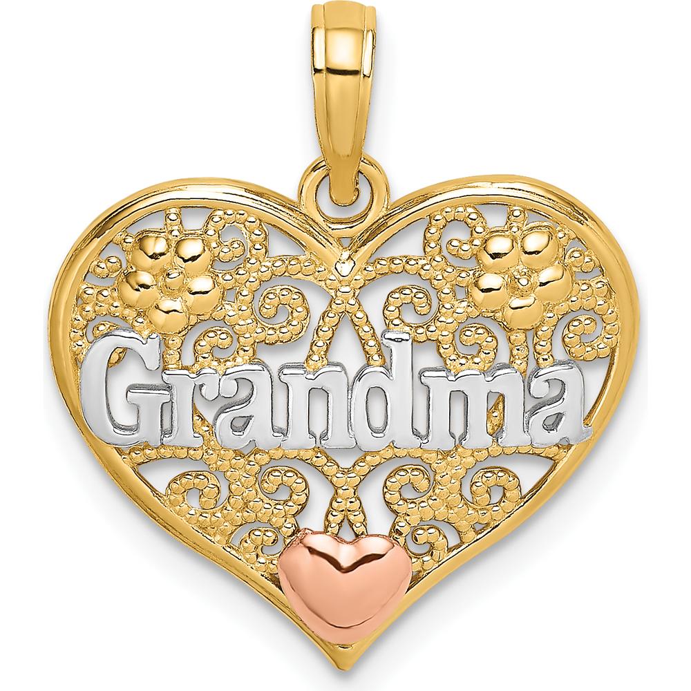 14K Two-Tone Gold Heart Filigree Pendant with White Rhodium "Grandma" Engraving by Oro Pregiato