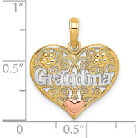 14K Two-Tone Gold Heart Filigree Pendant with White Rhodium "Grandma" Engraving by Oro Pregiato