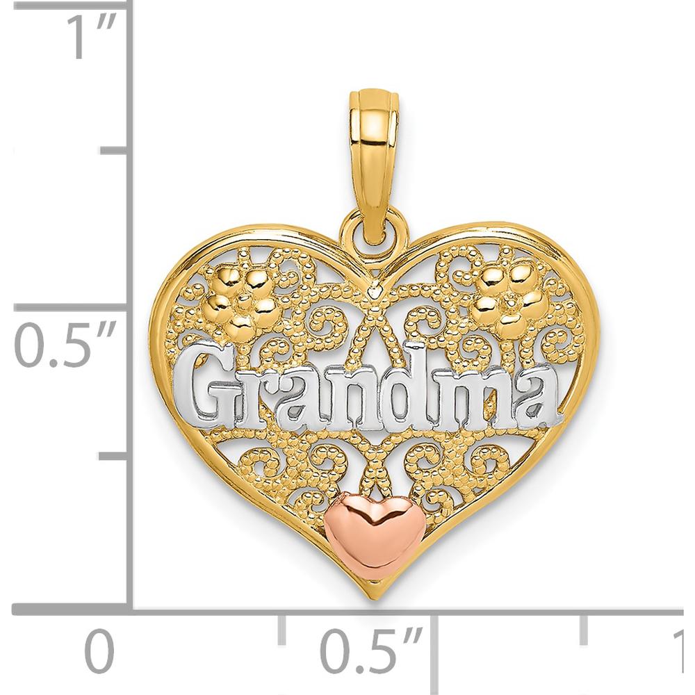 14K Two-Tone Gold Heart Filigree Pendant with White Rhodium "Grandma" Engraving by Oro Pregiato