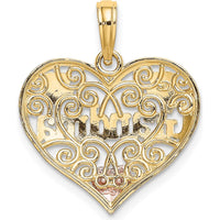 14K Two-Tone Gold Heart Filigree Pendant with White Rhodium "Grandma" Engraving by Oro Pregiato