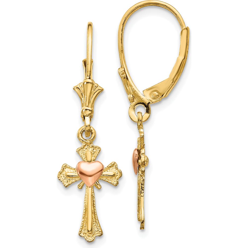 14K Two-Tone Gold Heart on Cross Leverback Earrings - Timeless Elegance by Oro Pregiato