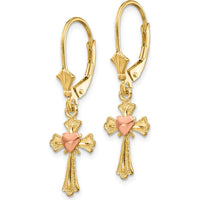 14K Two-Tone Gold Heart on Cross Leverback Earrings - Timeless Elegance by Oro Pregiato
