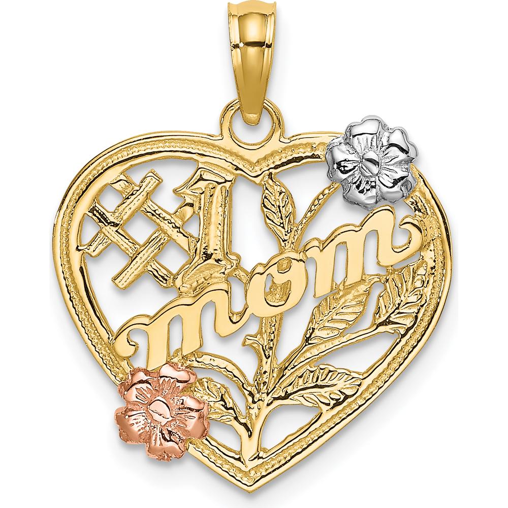 14K Two-Tone Gold Heart Pendant with Flower Charm and "#1 MOM" Engraving by Oro Pregiato