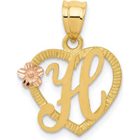 14K Two-Tone Gold Heart Pendant with Letter "H" and Diamond-Cut Texture by Oro Pregiato