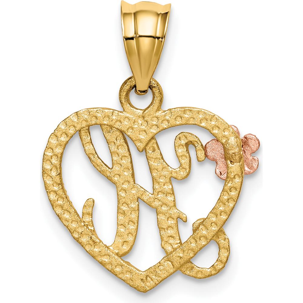 14K Two-Tone Gold Heart Pendant with Letter "H" and Diamond-Cut Texture by Oro Pregiato