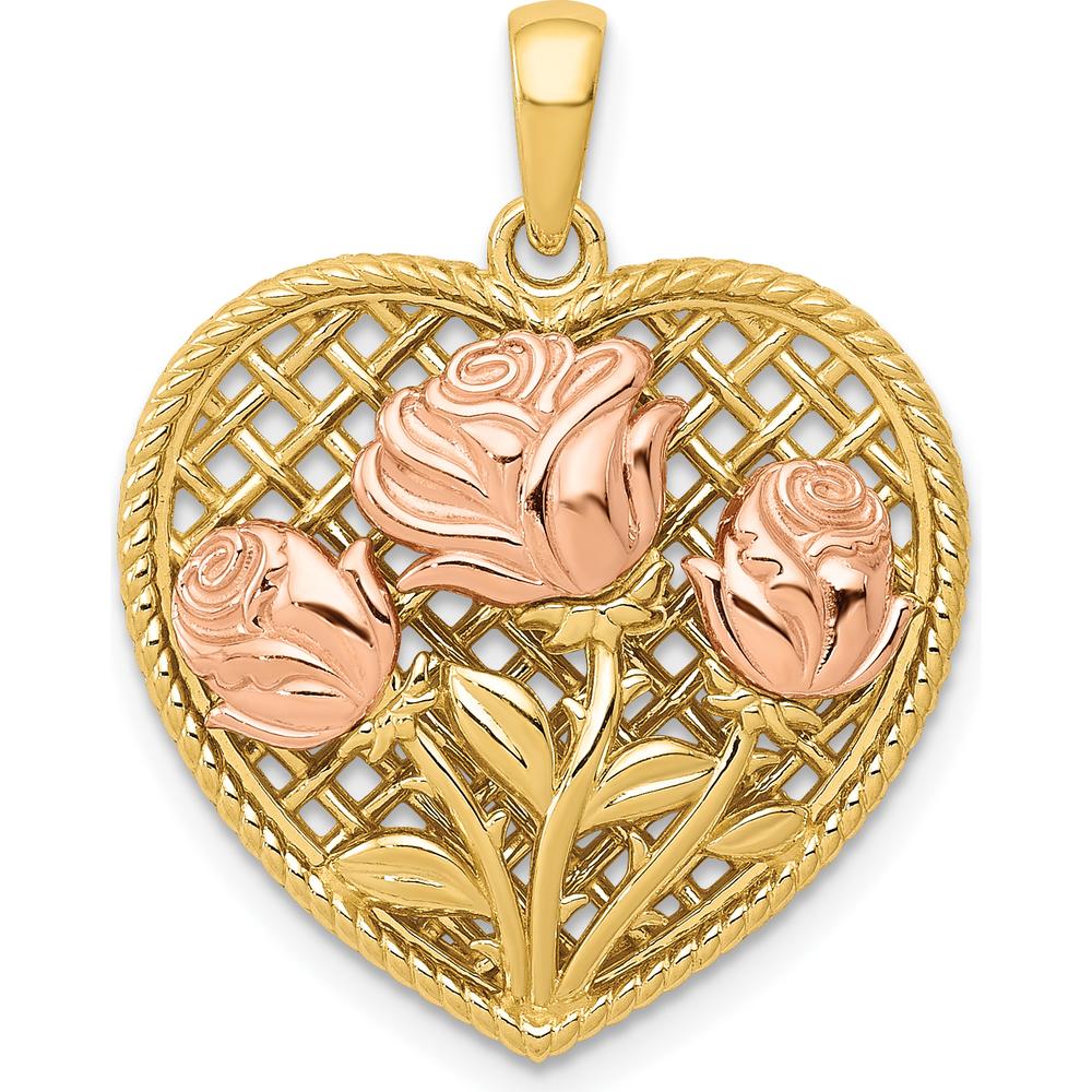 14K Two-Tone Gold Heart Pendant with Polished Roses by Oro Pregiato
