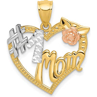 14K Two-Tone Gold Heart Pendant with Rhodium Accents and Flower Detail - #1 MOM Engraving by Oro Pregiato