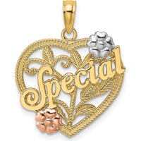 14K Two-Tone Gold Heart Pendant with Rhodium "Special" Engraving and Flower Accents - Polished Finish by Oro Pregiato