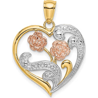 14K Two-Tone Gold Heart Pendant with White Rhodium Textured Flower Accent by Oro Pregiato
