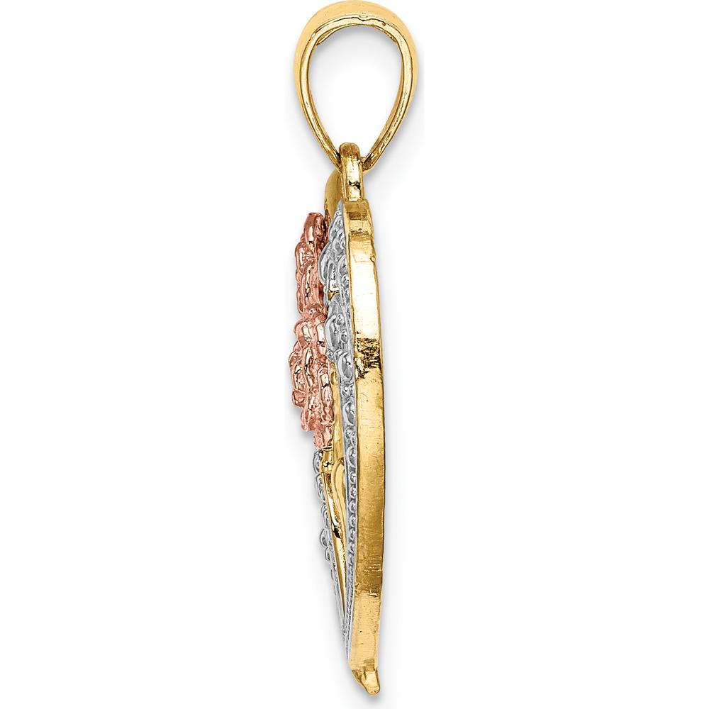 14K Two-Tone Gold Heart Pendant with White Rhodium Textured Flower Accent by Oro Pregiato