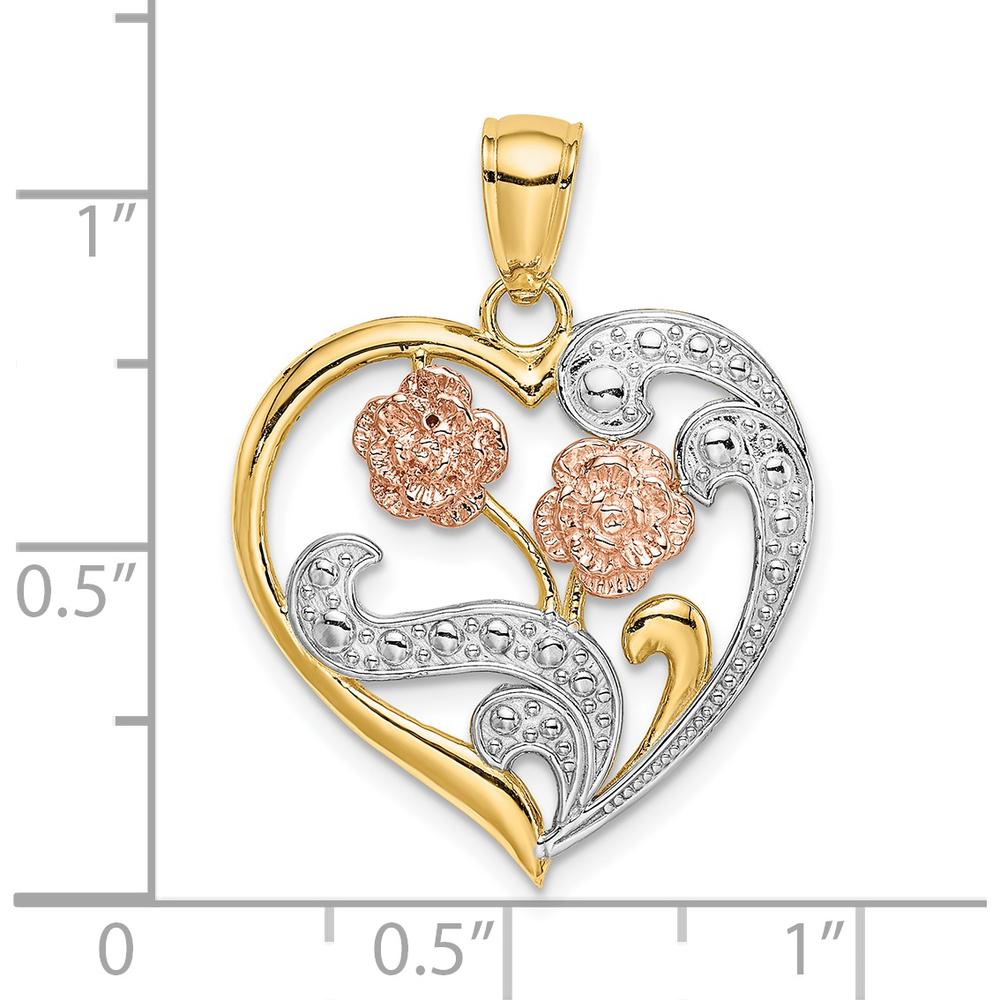 14K Two-Tone Gold Heart Pendant with White Rhodium Textured Flower Accent by Oro Pregiato