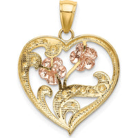 14K Two-Tone Gold Heart Pendant with White Rhodium Textured Flower Accent by Oro Pregiato