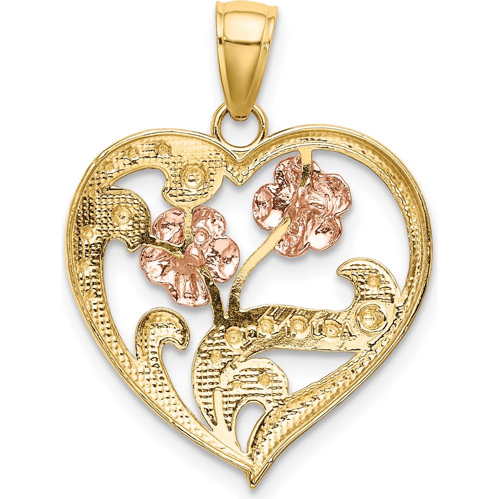 14K Two-Tone Gold Heart Pendant with White Rhodium Textured Flower Accent by Oro Pregiato
